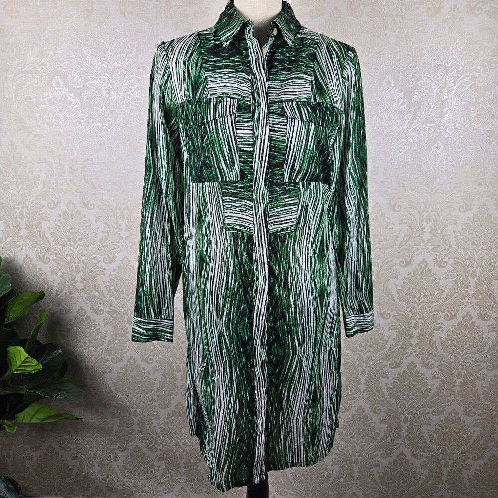 Derek Lam Size XS Green Woodgrain Print Shirt Dress Button Down Front Long Slv